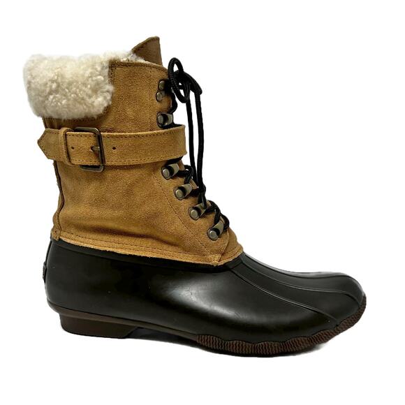 NEW Sperry x J.Crew Shearwater Buckle Snow Duck Boots Carmel Suede 10 M - Picture 4 of 15